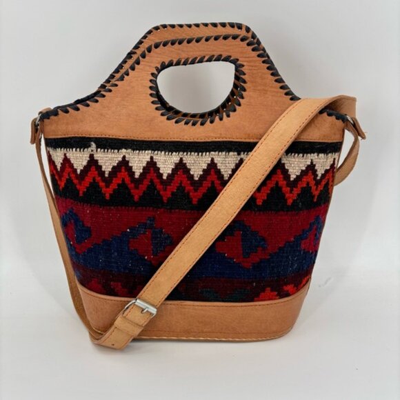 AztecInspired Handbag with Leather and Woven Textile Design - Picture 7 of 13